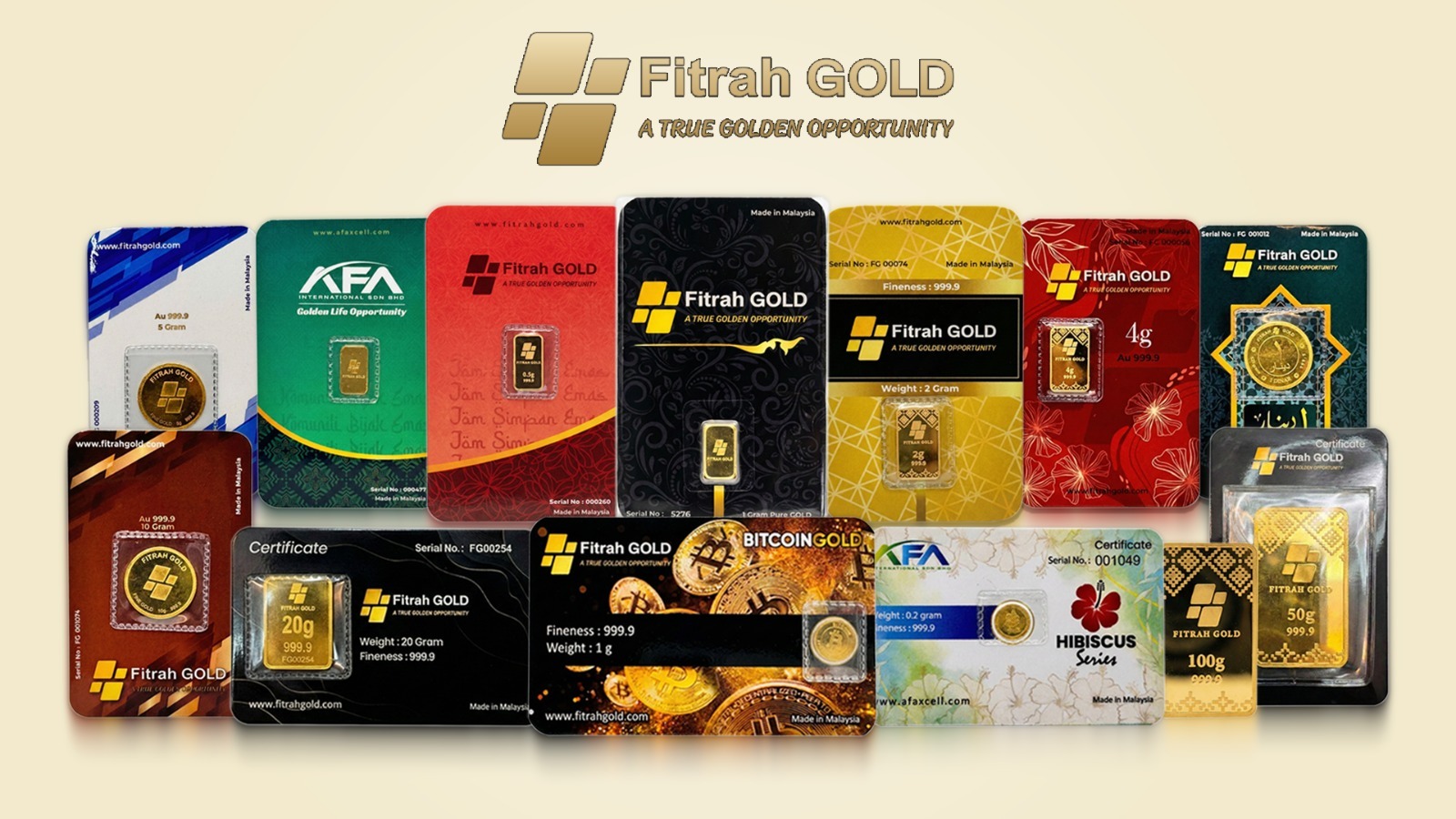 Koleksi produk emas Fitrah Gold dalam pelbagai berat dan rekaan